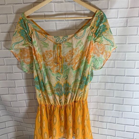 Free People Semi Sheer Boho Orange/Blue Top Sz XS - Picture 3 of 7